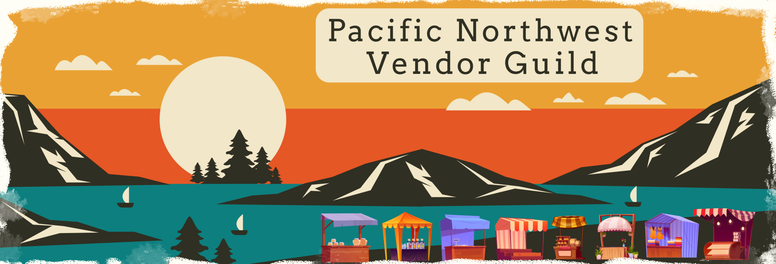 Painted illustration of vendor booths at a Pacific Northwest event